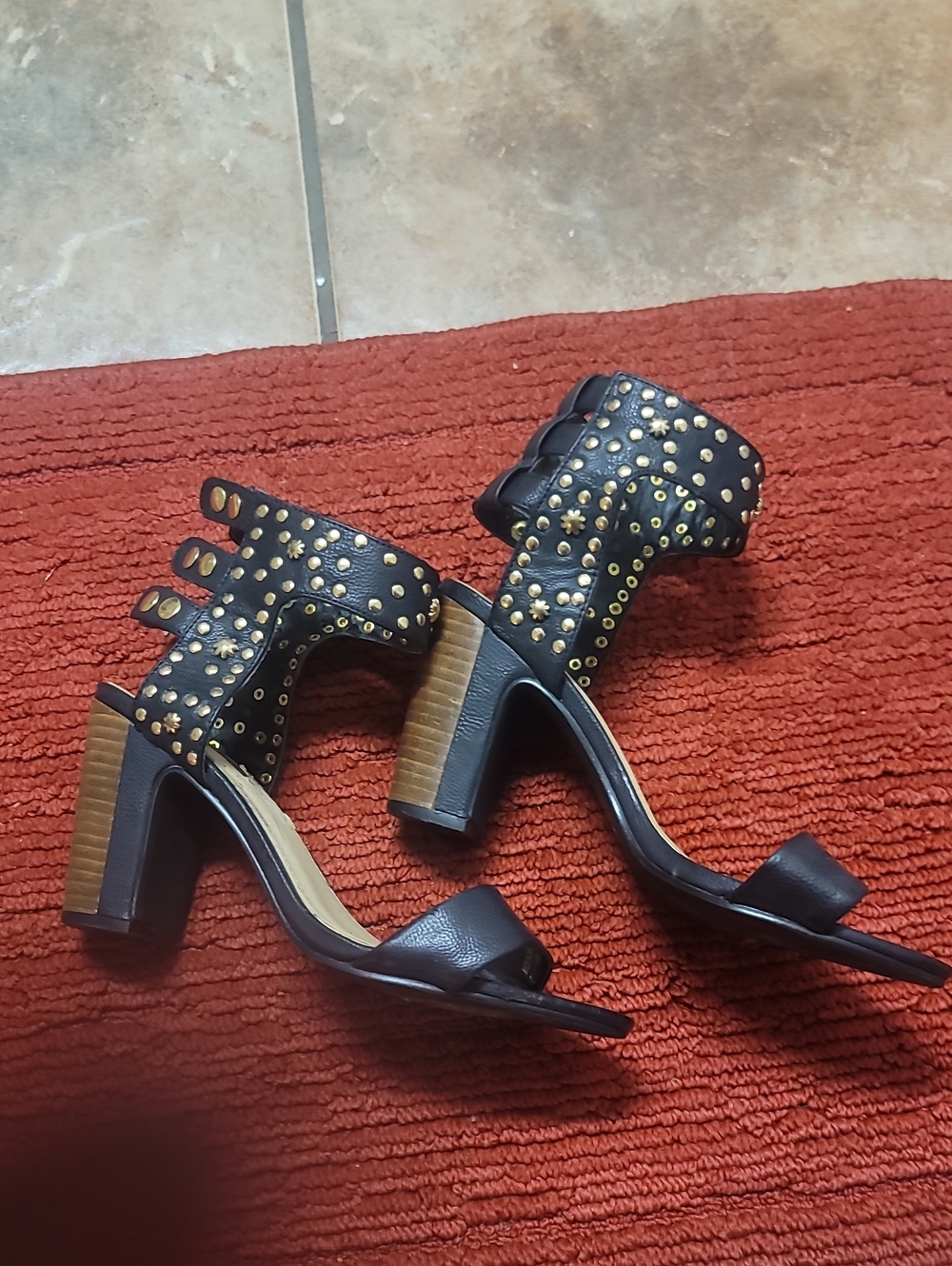 Forever 21 Black Studded Block Heels with Gold Accents